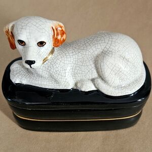EUC VINTAGE Takahashi Japan Dog Crackle Ceramic B&W+Gold Dog Trinket Box MCM